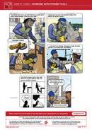 safety comic, power tools, hand injuries, safety illustration, safety cartoon
