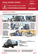 visual incident report, chemical hazards, gas cylinders, safety illustration, safety cartoon